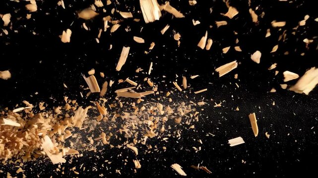 Slow motion capture of scattered wood shavings and sawdust particles floating through the air on a black background