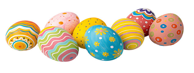 A group of colorful easter eggs with various designs on a black background in a horizontal arrangement