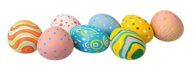 A collection of colorful easter eggs with various patterns and designs on a black background studio shot