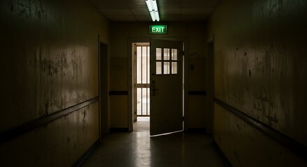 A dimly lit hallway leads to an open doorway with a barred window. The exit sign above the door suggests this is an escape route or emergency exit