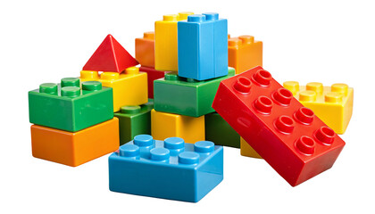 A colorful pile of plastic building blocks including red yellow green and blue against a black background