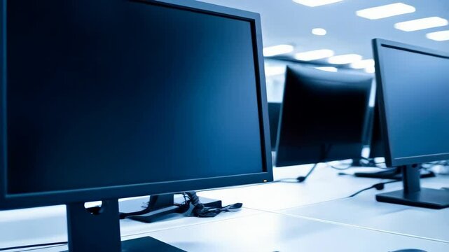 Empty computer lab with row of desktop PCs and keyboards on white desks under modern striped ceiling