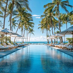 The oceanfront hotel pool in a tropical country features tall coconut palms with sun loungers and umbrellas facing the relaxing sea in summer, panoramic views against a blue background.