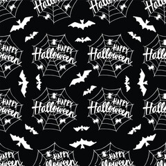 Halloween vector seamless pattern with bats, spiders, web and lettering. Black and white background.