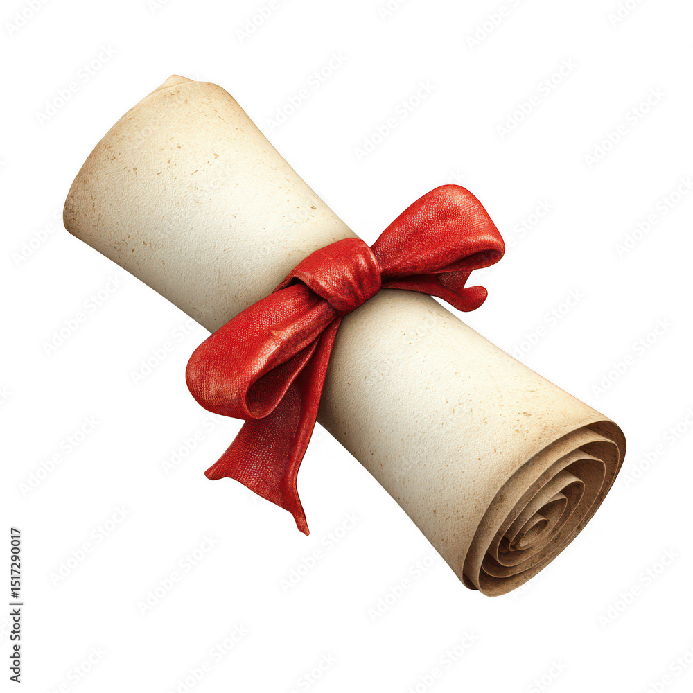 Poster rolled parchment scroll with red bow isolated on transparent background