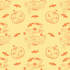 Halloween seamless pattern with pumpkins and bats. Vector illustration.