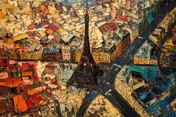 View of Paris showcasing the Eiffel Tower and colorful city landscape from above, Top view of the city of Paris