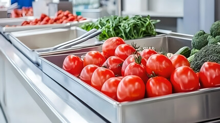 Colorful assortment of fresh fruits and vegetables neatly displayed in a contemporary supermarket aisle, showcasing healthy eating and grocery shopping concepts.