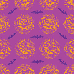 Halloween vector seamless pattern with bats, spiders, web and lettering