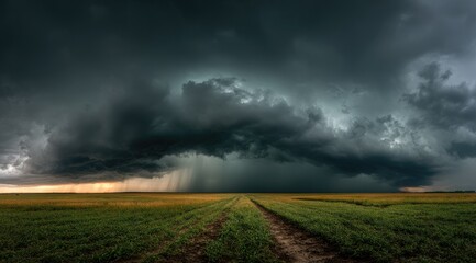 Imposing supercell thunderstorm dominates a vast, flat field, rain falling intensely in the middle ground, a dirt road leading towards the ominous storm