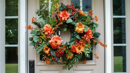 Fototapeta premium Bright seasonal wreath on a front door