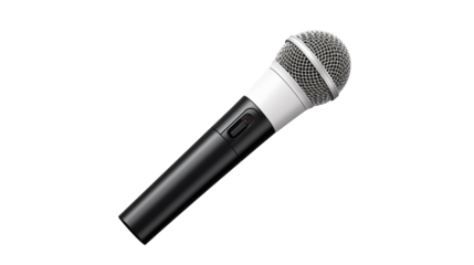 A microphone with a black handle and a silver mesh head