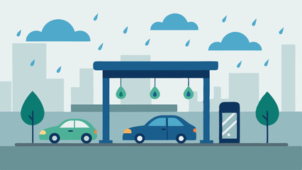 Obraz premium Charging in the Rain An illustration of an electric vehicle charging at a covered station during a rainy day with droplets on the windows and pedestrians with umbrellas.