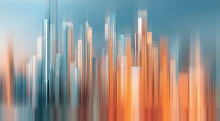 Obraz premium Abstract cityscape at sunrise/sunset, depicted with blurred vertical lines of varying heights and warm/cool tones, suggesting movement and energy