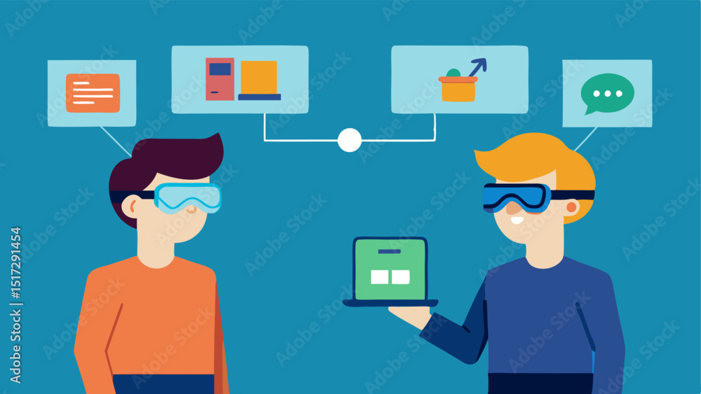 Poster ar product comparison two friends in a store comparing two different virtual gadgets projected above