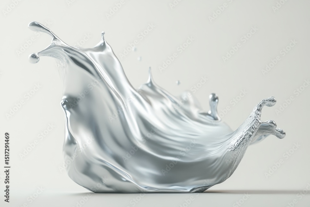 Poster metallic silver grey liquid flows gracefully, creating dynamic waves and splashes on a neutral backg