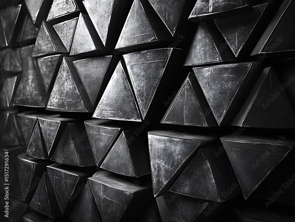 Poster monochromatic triangular prisms aligned to create an abstract three dimensional texture