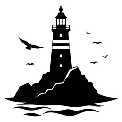 Lighthouse on Rocky Coast Guiding Light, Seabirds, and Ocean Waves Illustration