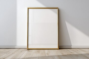 A large, empty, gold-framed picture stands against a white wall, sunlight casting shadows on the floor and frame.  Light wood flooring is visible