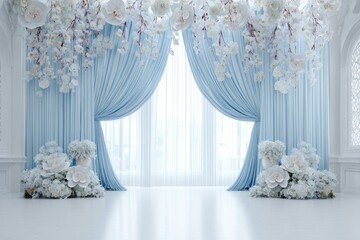 Elegant light blue curtains frame a window, adorned with large paper flowers in white and pale blue, creating a romantic, wedding-like atmosphere in a bright, minimalist room