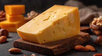 A wedge of pale yellow cheese with visible holes rests on a dark wooden board, surrounded by almonds and hazelnuts on a dark surface; additional cheese cubes are in the background