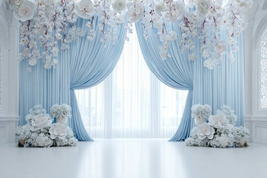 Elegant light blue curtains frame a window, adorned with large paper flowers in white and pale blue, creating a romantic, wedding-like atmosphere in a bright, minimalist room