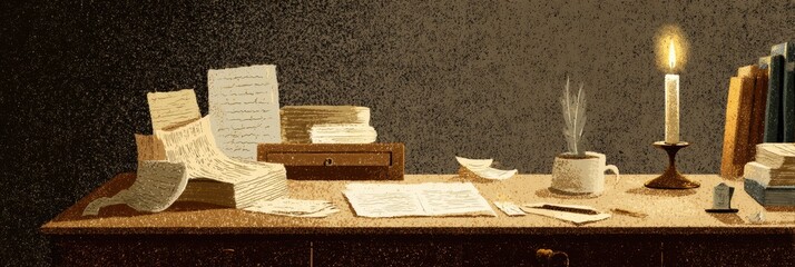 Old-fashioned Writing Desk With Scattered Papers and a Flickering Candle Creates a Nostalgic Atmosphere for Creativity and Reflection