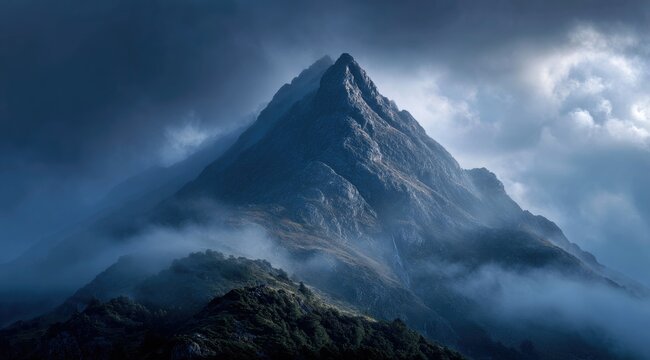 A majestic, dark-hued mountain peak shrouded in mist and low-hanging clouds under a dramatic, stormy sky