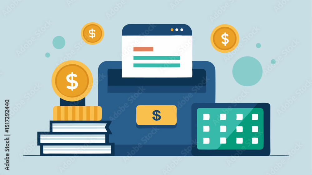 Aufkleber a vintage cash register icon on one side with coins and bills around it contrasting with a sleek mob