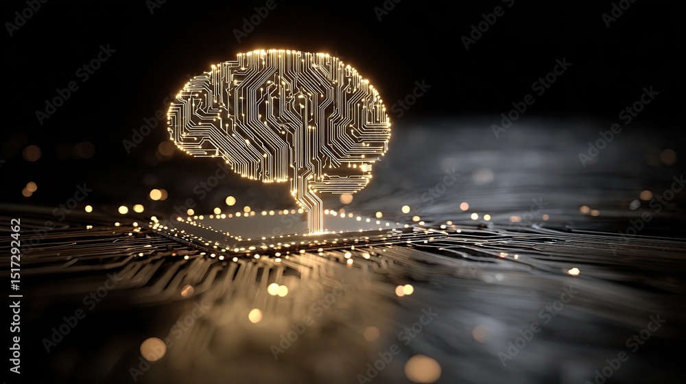 Poster glowing brain made of circuits in a digital world, symbolizing artificial intelligence.