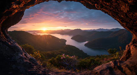 Landscape view of sunset over mountains and river from cave opening