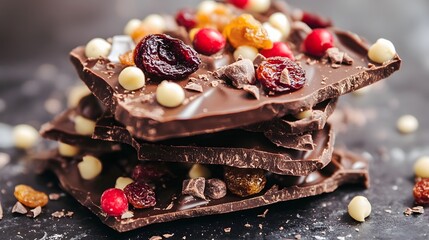 Stacked chocolate bark with dried fruit and nuts.