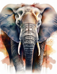 A detailed digital painting captures the textured face of an African elephant with large ears and prominent tusks