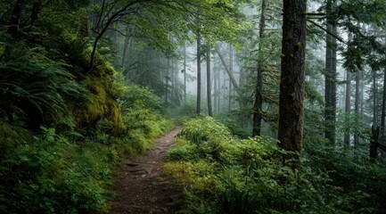 Obraz premium Misty forest trail winding through lush greenery, moss-covered rocks and tall trees shrouded in fog, creating an ethereal atmosphere