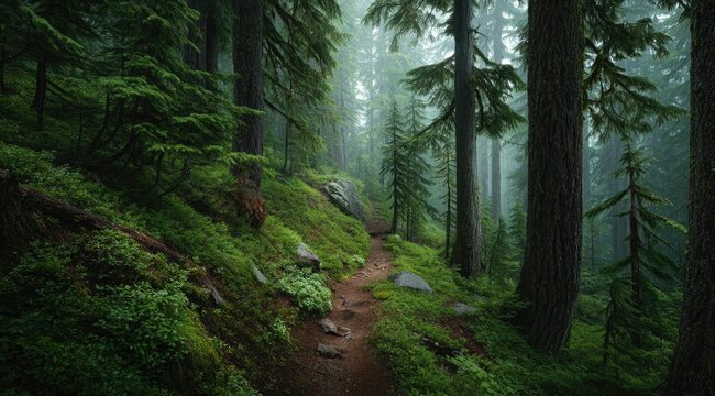 Misty forest path winds uphill through lush, moss-covered terrain, tall evergreens line the way, creating an atmospheric, serene scene