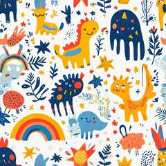 Colorful Cartoon Creatures and Patterns on Light Background