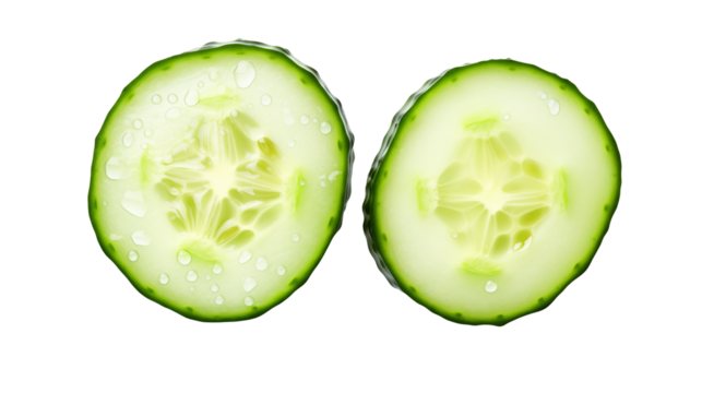 Two fresh cucumber slices isolated on a transparent background