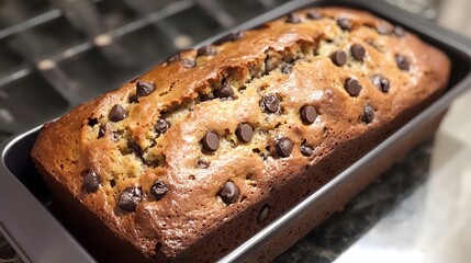 Freshly baked chocolate chip loaf cake in a pan.