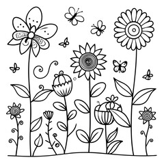Whimsical Floral Garden Coloring Page with Butterflies and Flowers