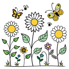 Vibrant Spring Meadow Daisies, Butterflies, and Flowers Illustration