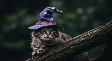 Cat Wearing Wizard Hat in Forest