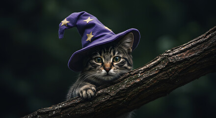 Cat Wearing Wizard Hat on Tree Branch