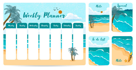 cute weekly planner background with beach.Vector illustration for kid and baby.Editable element