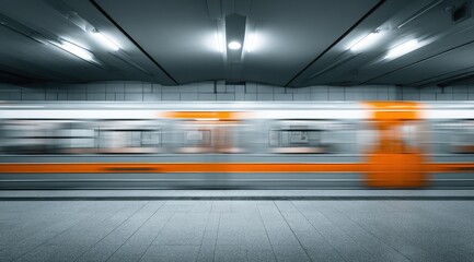 A blurred, high-speed train rushes through a modern, minimalist subway station with grey walls and bright fluorescent lighting.  Orange accents on the train contrast the cool tones of the platform