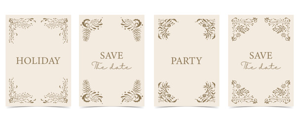 Retro flower and leaves frame background in wavy line style for vertical A4 design