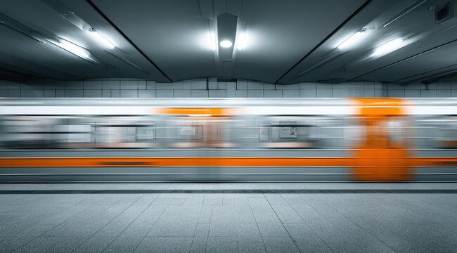 A blurred, high-speed train rushes through a modern, minimalist subway station with grey walls and bright fluorescent lighting.  Orange accents on the train contrast the cool tones of the platform - Powered by Adobe