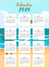 2026 table monthly calendar week start on Sunday with beach that use for vertical digital and printable A4 A5 size