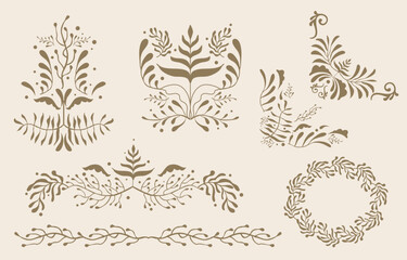 Retro flower and leaves border element object in wavy line style