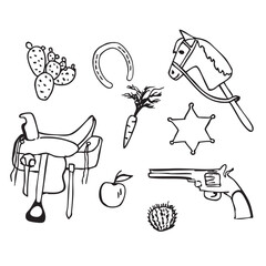 Obraz premium Hand drawn set of western vector doodles. Line art illustrations with wild west atmosphere, hobby horse, leather saddle, horseshoe, revolver, sheriff's star, apple, carrot and various cactuses