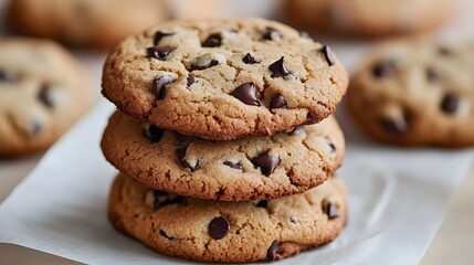 Close-up view of three chocolate chip cookies stacked.